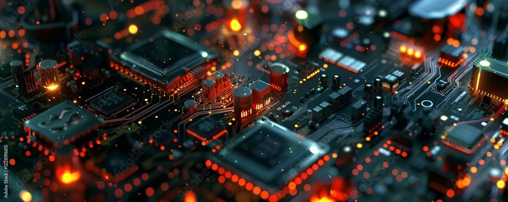 Poster complex modern electronic circuit board working with red lights