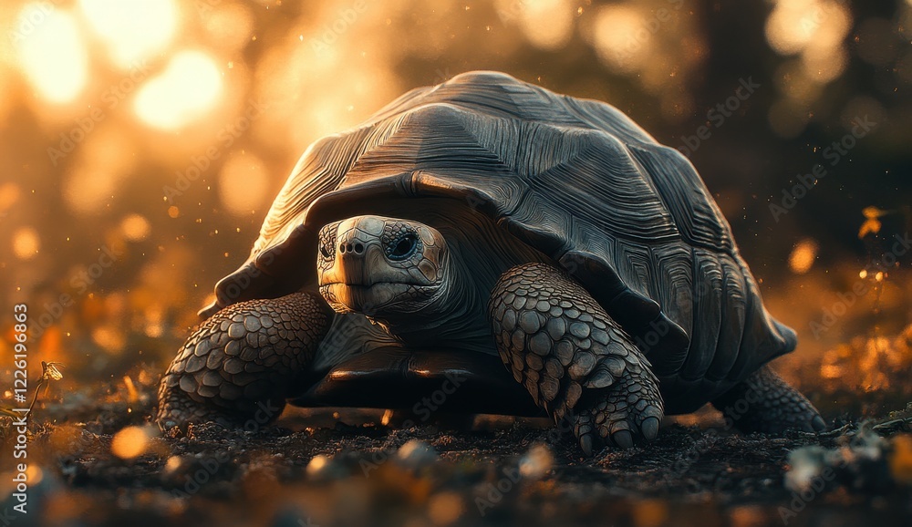 Poster detailed close-up of a tortoise in a sunset environment with soft light and natural bokeh effects, c