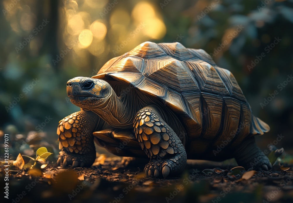Poster detailed close-up of a turtle in natural habitat with soft light filtering through leaves and rich t