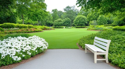 Obraz premium White wooden bench sits next to a paved path and blooming white flowers in a beautifully landscaped green park during a bright summer day.
