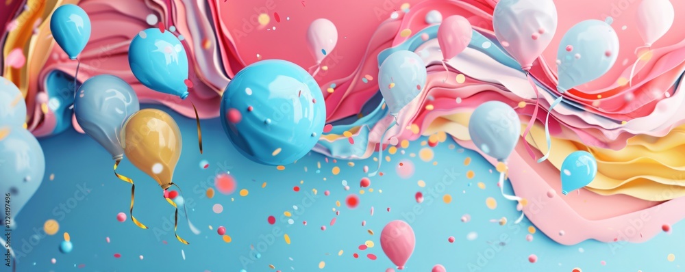 Poster colorful balloons floating in a 3d-rendered abstract pastel wavy background with falling confetti