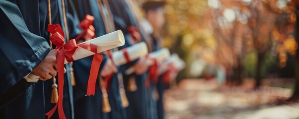 Graduates wearing blue caps and gowns holding diplomas with red ribbons outdoors in the fall