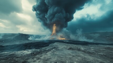 Volcanic eruption, ash plume, landscape, disaster, danger, environmental