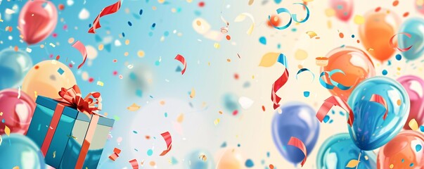 Blue gift box with red ribbon surrounded by colorful balloons and falling confetti on blue and yellow background