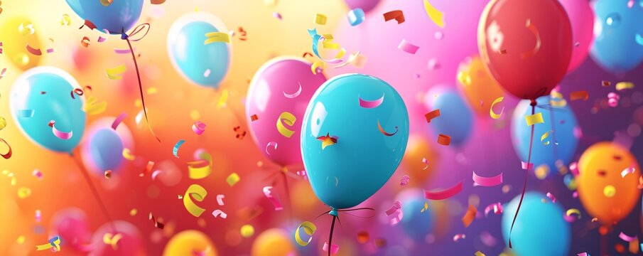 Vibrant balloons drifting amidst cascading confetti on a lively backdrop, ideal for happy gatherings and special events
