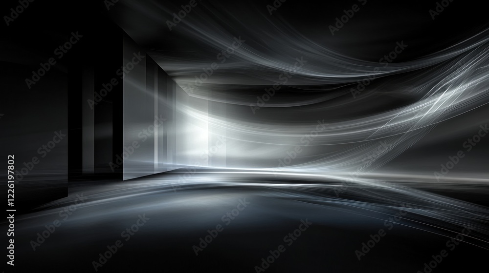 Poster dynamic light waves creating abstract atmosphere in modern space minimalist design digital art envir