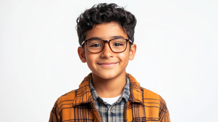 cheerful 13 year old boy with curly hair and glasses, wearing plaid shirt and orange checkered jacket, smiles confidently against plain background