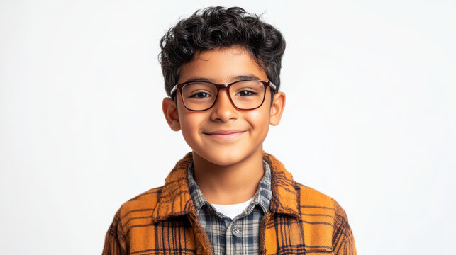 cheerful 13 year old boy with curly hair and glasses, wearing plaid shirt and orange checkered jacket, smiles confidently against plain background
