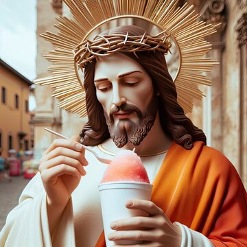 Jesus happily eating a shaved ice.
