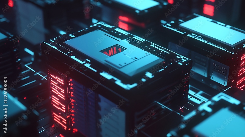 Poster abstract technology render with neon lights and circuitry, server hardware concept