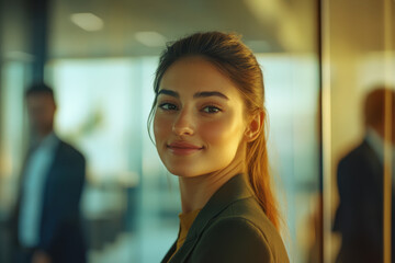 Fototapeta premium confident businesswoman smiling in modern office setting, showcasing professionalism and warmth. background features blurred colleagues, enhancing focus on her