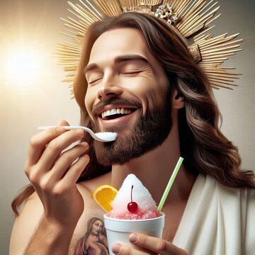 Jesus happily eating a shaved ice.