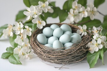 Beautiful nest filled with pale blue eggs surrounded by flowers and greenery