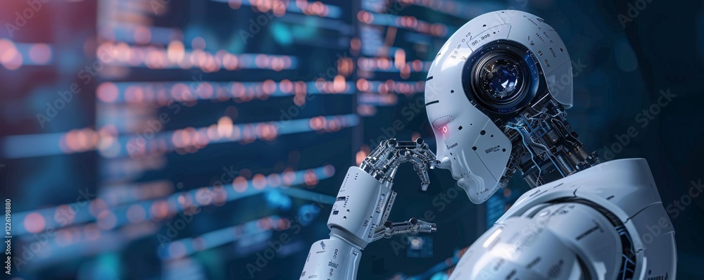 Poster White ai robot is thinking about solving problems, data analysis and processing information