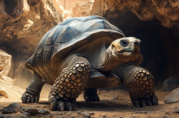 Giant tortoise navigating rocky terrain in a sunlit cave, exploring natural habitat, showcasing impressive shell and unique features, animal photography