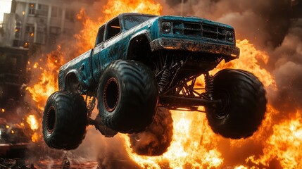 Monster truck airborne over massive fire.