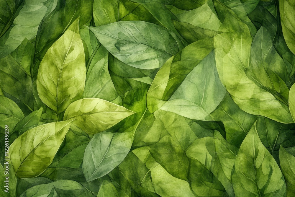 Poster a vibrant watercolor pattern displaying an array of overlapping green leaves, showcasing the beauty 
