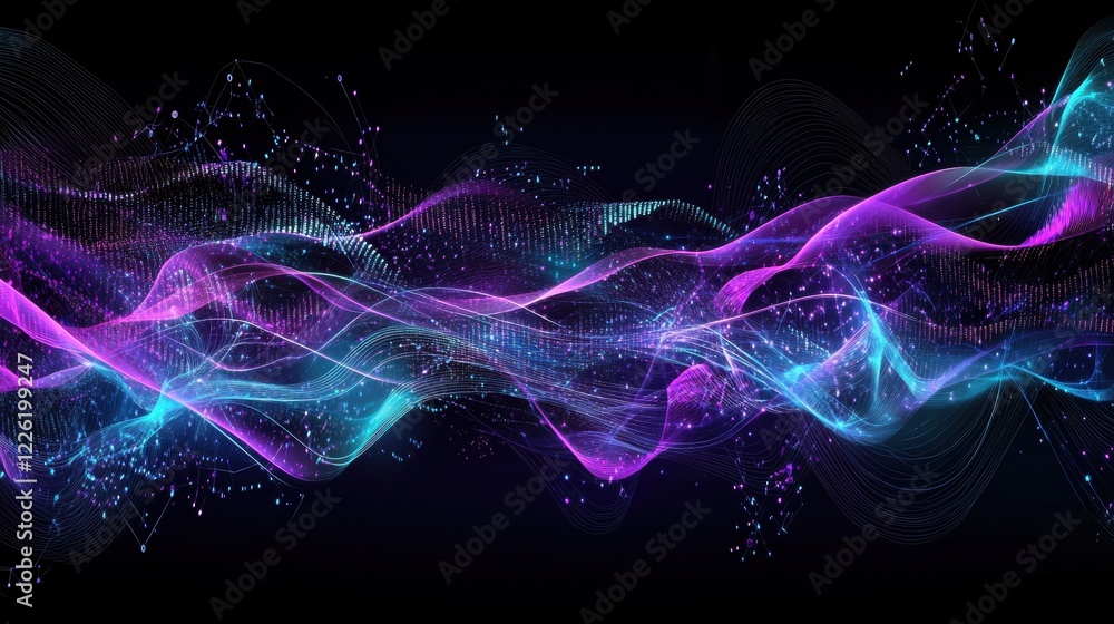 Poster dynamic light waves flowing through the dark space abstract visual art digital environment futuristi