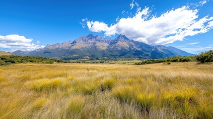 Majestic mountain range under a sunny sky, viewed from a golden field. Ideal for travel brochures