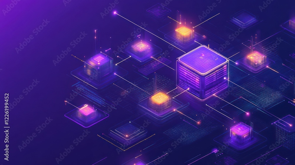Poster abstract isometric illustration of a network data center with glowing nodes and connections.