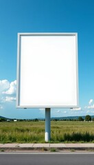 A white horizontal billboard mockup against a blue sky with distant horizon and roadside landscape in the background, travel, highway, scenery