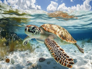 Obraz premium A graceful sea turtle swims beneath the clear turquoise waters, highlighted by sunlit beams, presenting an awe-inspiring glimpse of marine life’s dynamics and beauty.