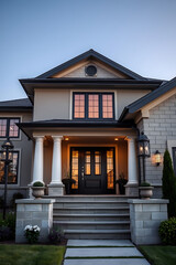 Obraz premium Luxury Home Exterior at Dusk: Modern Architecture and Elegant Design