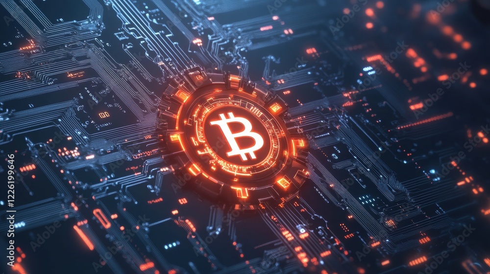Poster crypto trading bot icon highlighting gears and bitcoin symbol in a digital landscape