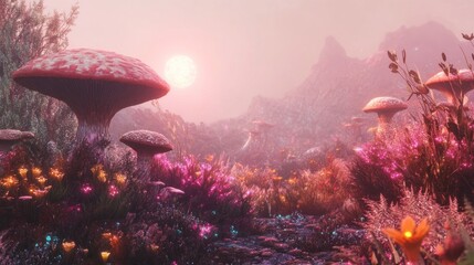 Sunrise over surreal mushroom landscape, fantasy art