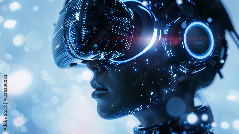 Poster woman immersed in virtual reality using a vr headset in a high-tech setting