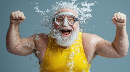 Joyful senior man swimming, splashing, celebrating