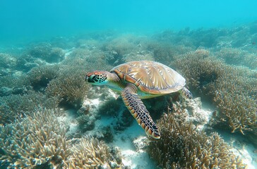 Graceful sea turtle gliding through vibrant coral reefs in crystal-clear ocean water, showcasing marine life and underwater beauty from a tropical paradise