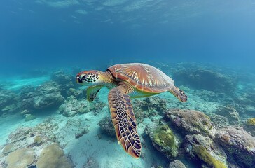 Fototapeta premium Graceful Sea Turtle Swimming Above Colorful Coral Reefs in Crystal Clear Tropical Waters of the Ocean