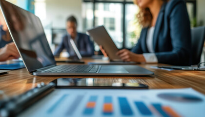 corporate office scene featuring small group engaged in meeting, with laptops, documents, and digital devices on wooden table. atmosphere is focused and professional
