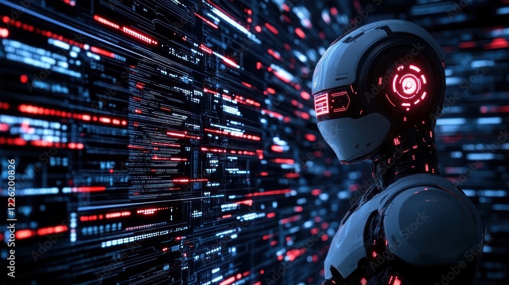 Poster futuristic robot observing digital data stream.