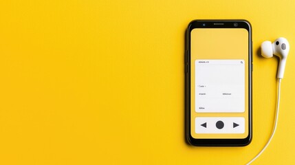 Fototapeta premium Mobile music app interface on phone, yellow background. Use website banner