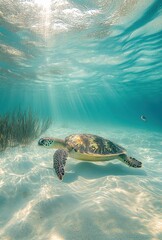 Obraz premium Graceful Sea Turtle Swimming in Clear Tropical Waters Surrounded by Sunlight and Marine Vegetation in an Underwater Paradise