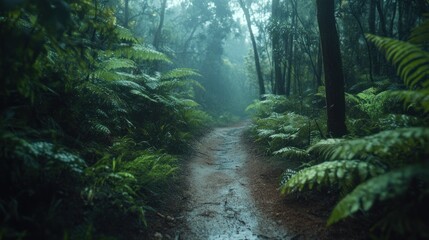 Fototapeta premium Rainy forest path, mist, ferns, travel, adventure