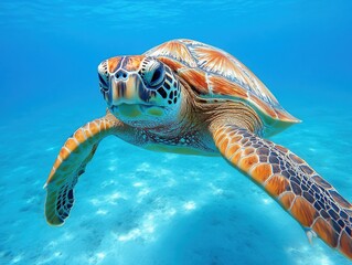 Fototapeta premium Graceful Sea Turtle Swimming in Crystal Clear Blue Ocean Surrounded by Coral Reef and Marine Life, Underwater Photography of Aquatic Conservation