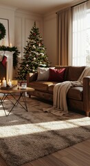 Cozy living room with christmas tree and festive decorations in warm natural light