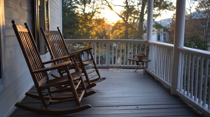 Two wooden rocking chairs on a porch at sunset.