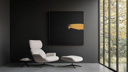 Modern living room, armchair, autumn view. Relaxation, interior design
