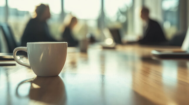 close up view of white coffee cup on wooden table, with blurred figures in meeting room in background, creating professional atmosphere - Powered by Adobe