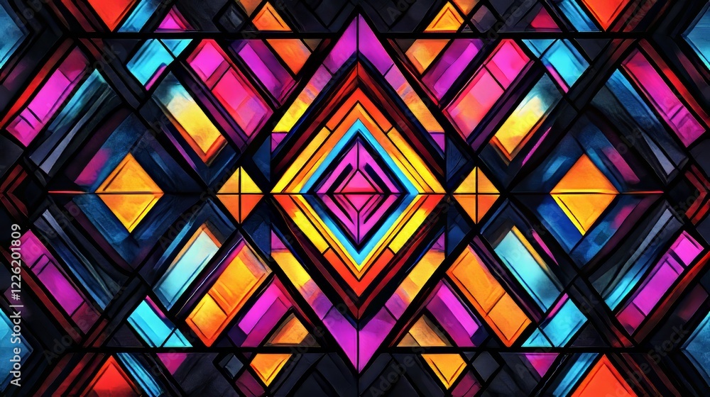 Poster a bright and colorful abstract stained glass mosaic showcasing a symmetrical and intricate pattern, 