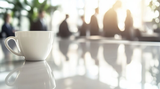 white coffee cup on reflective surface with blurred figures in background, creating serene and professional atmosphere