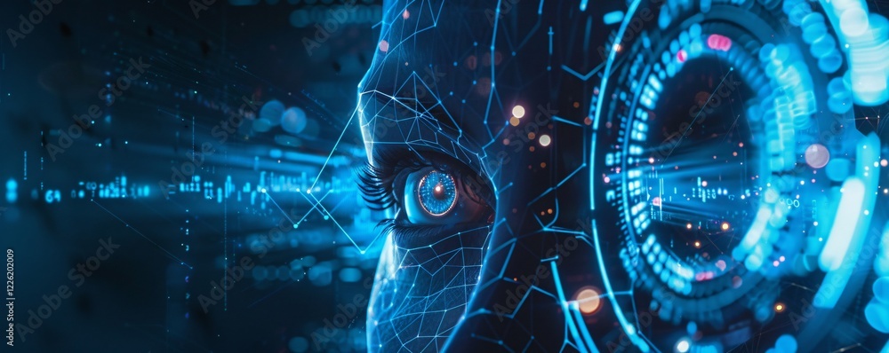 Poster Futuristic blue background with artificial intelligence scanning digital interface data