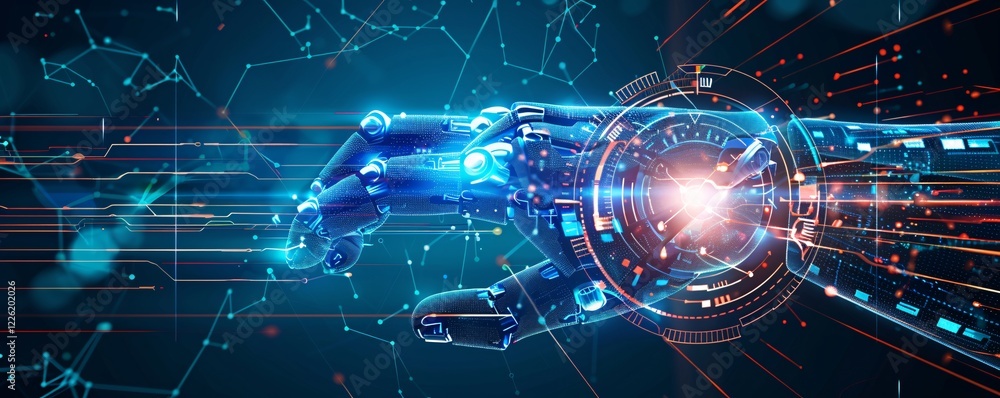 Poster Robot hand manipulating digital data stream, representing the advancement of technology and creativity