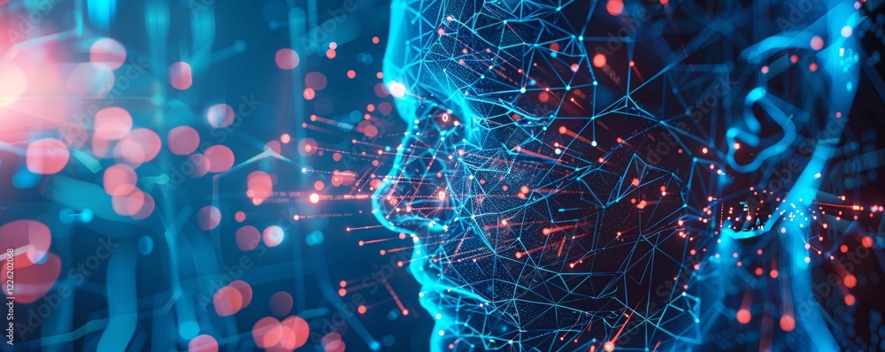 Poster Glowing nodes and lines create an artificial intelligence face on a dark blue background with bokeh effects