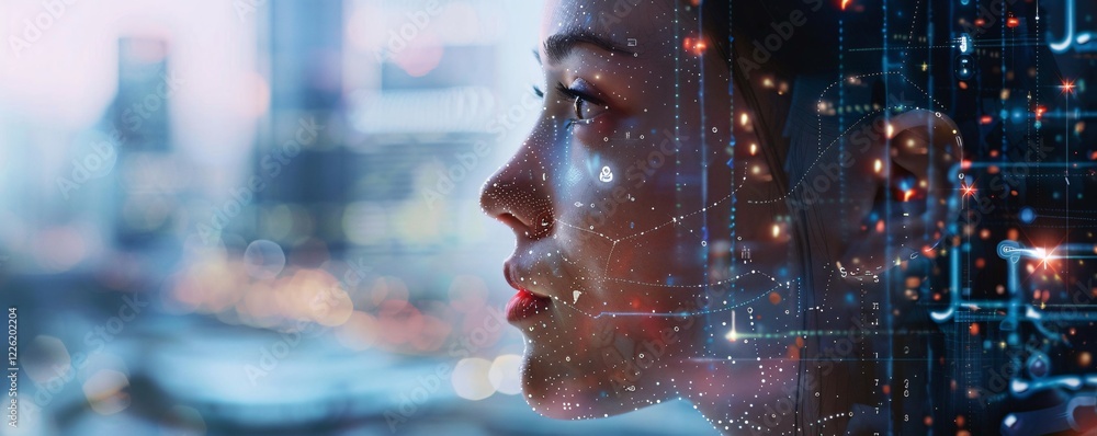 Poster businesswoman using artificial intelligence to visualize connected city data