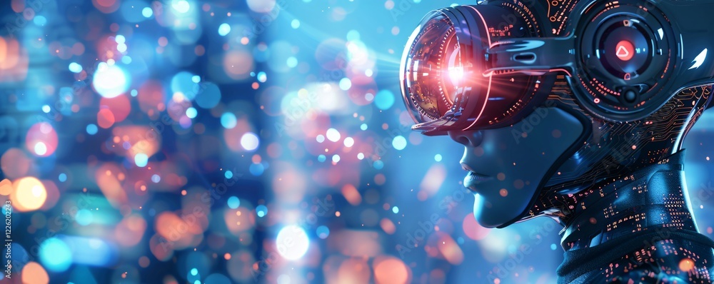 Poster android with vr goggles is immersed in the metaverse